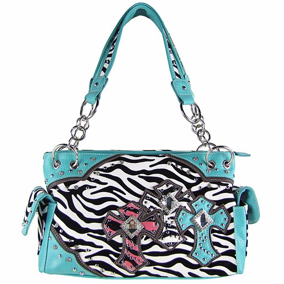 Unbranded Handbags - 😀TURQUOISE ZEBRA STUDDED RHINESTONE CROSS HANDBAG